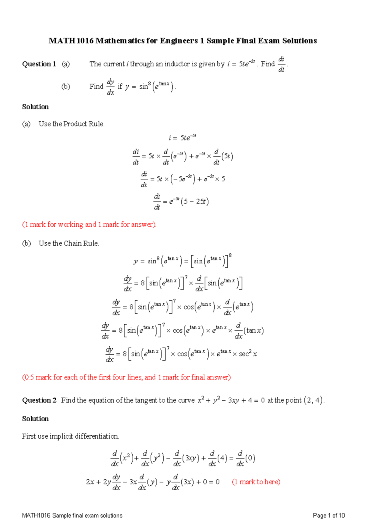 Final exam find di dt b find dy dx if 8 tan sin x y e