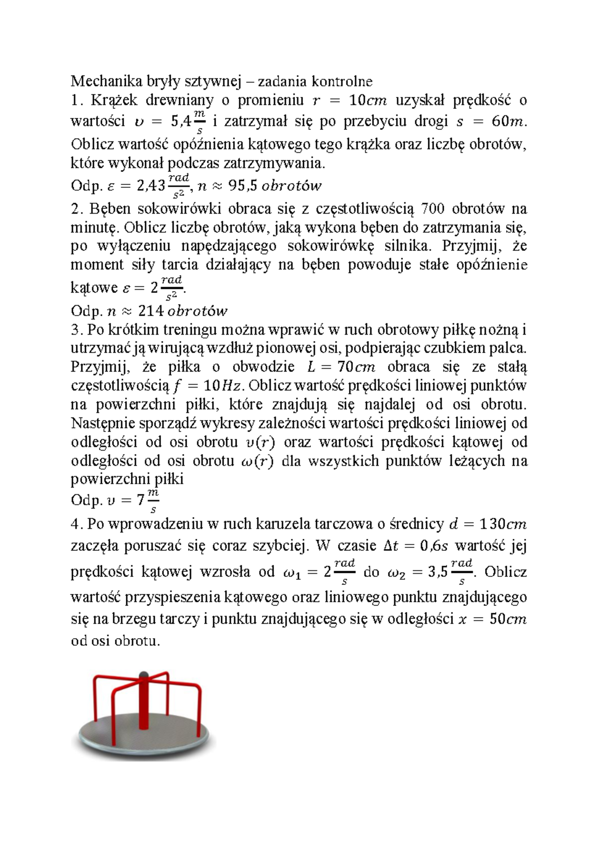 Bryła sztywna zadania kontrolne - Mechanika bryły sztywnej – zadania