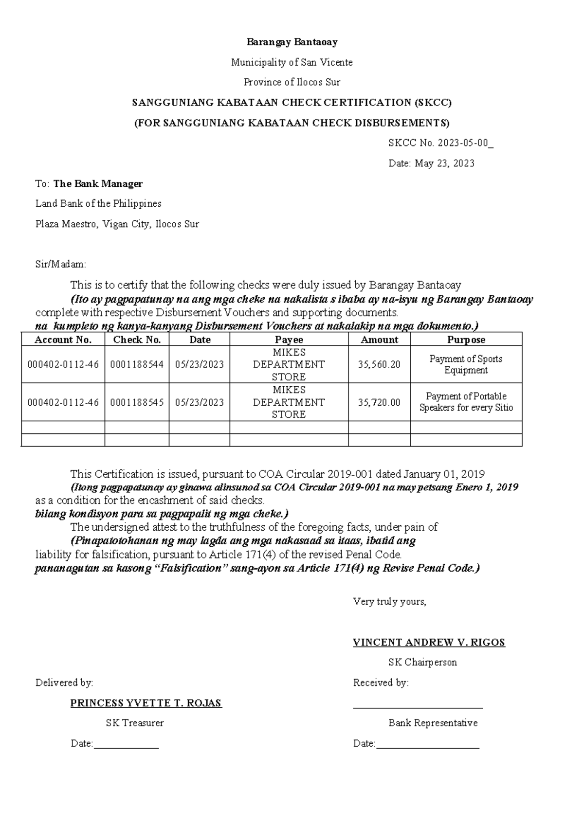 SKCC - ubjbnk - Barangay Bantaoay Municipality of San Vicente Province ...