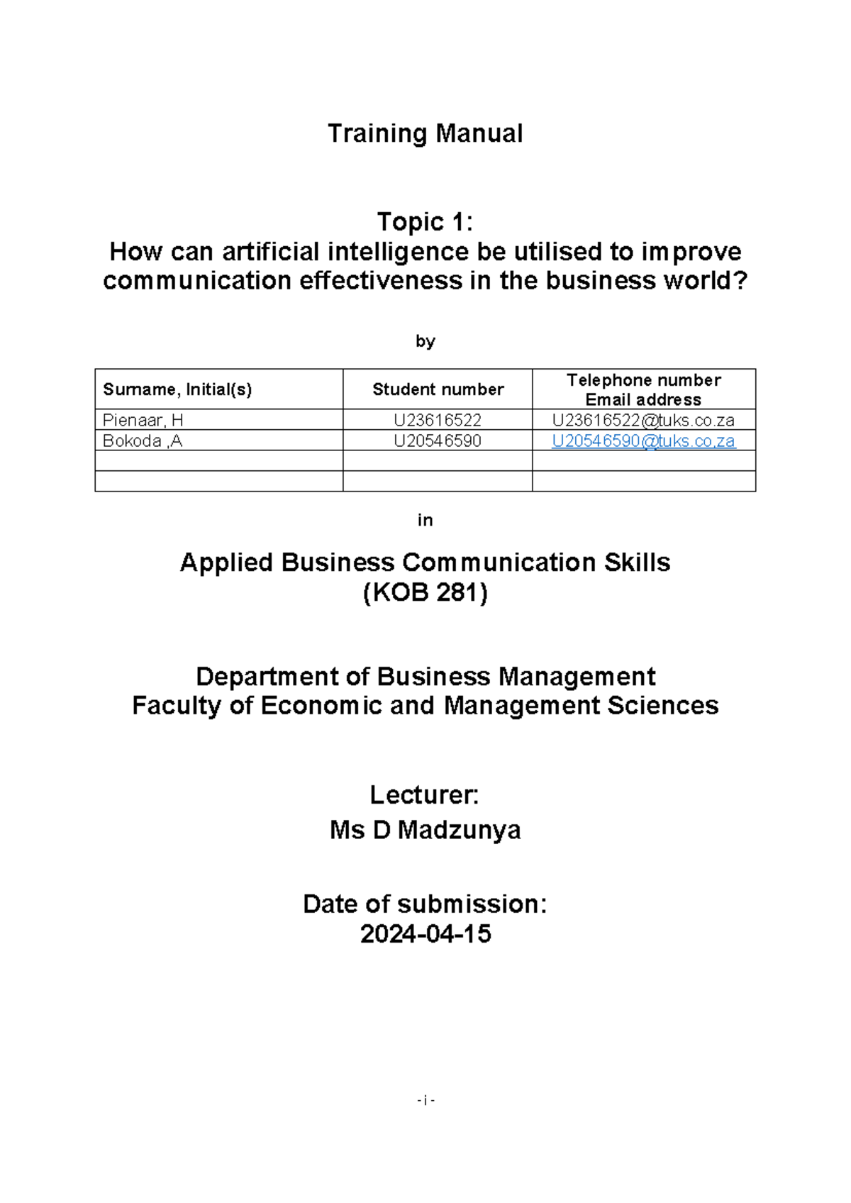 Training manual template KOB - Training Manual Topic 1: How can ...