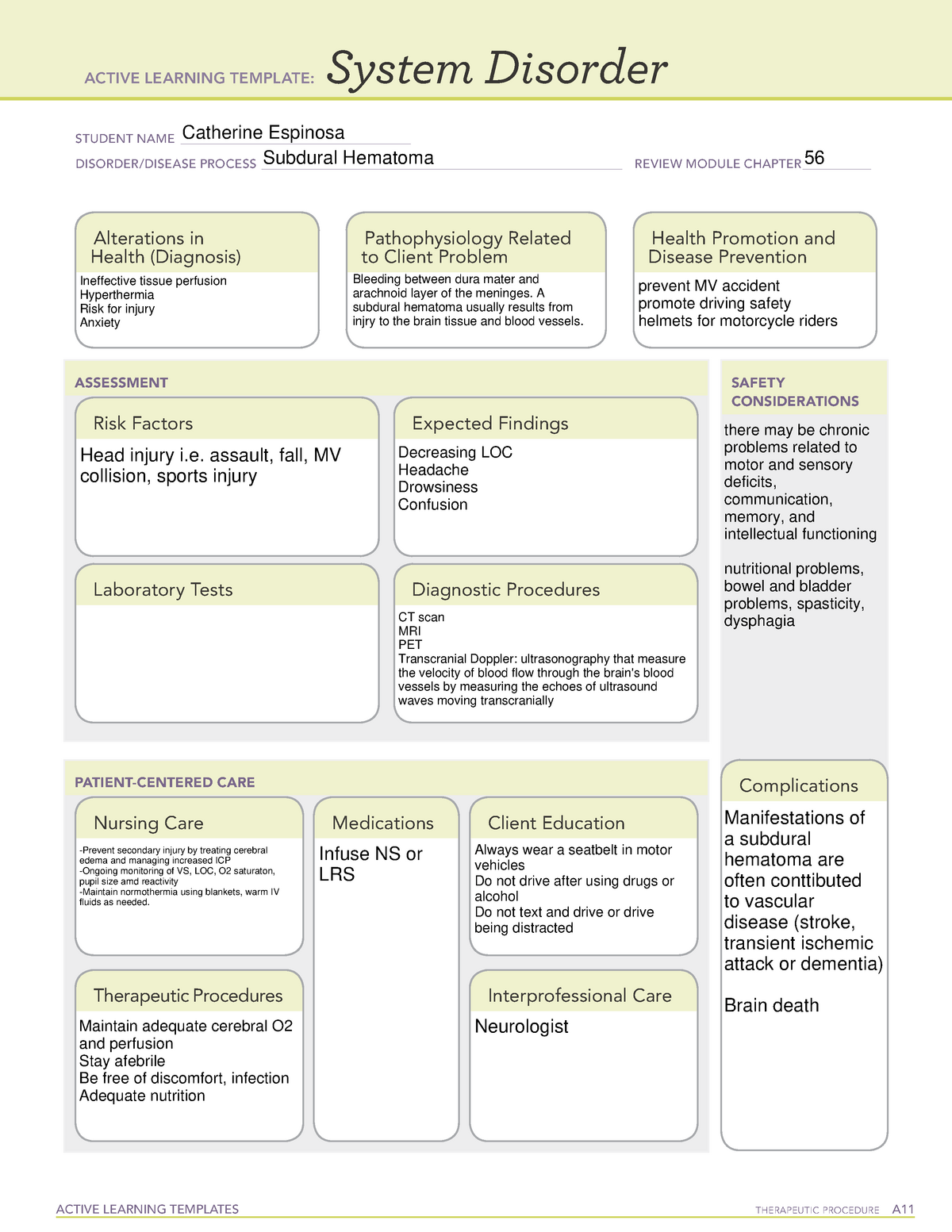Subdural Hematoma System Disorder ACTIVE LEARNING TEMPLATES