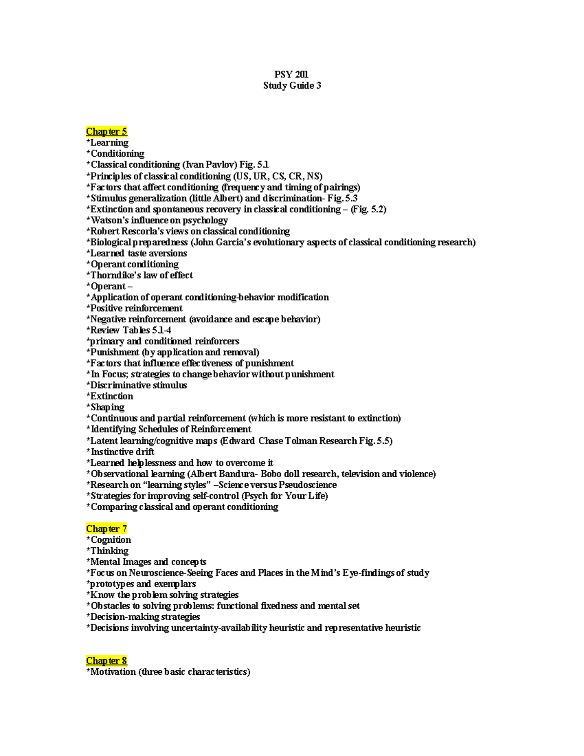 PSY 201 Study Guide 3 - PSY 201 Study Guide 3 Chapter 5 Conditioning ...