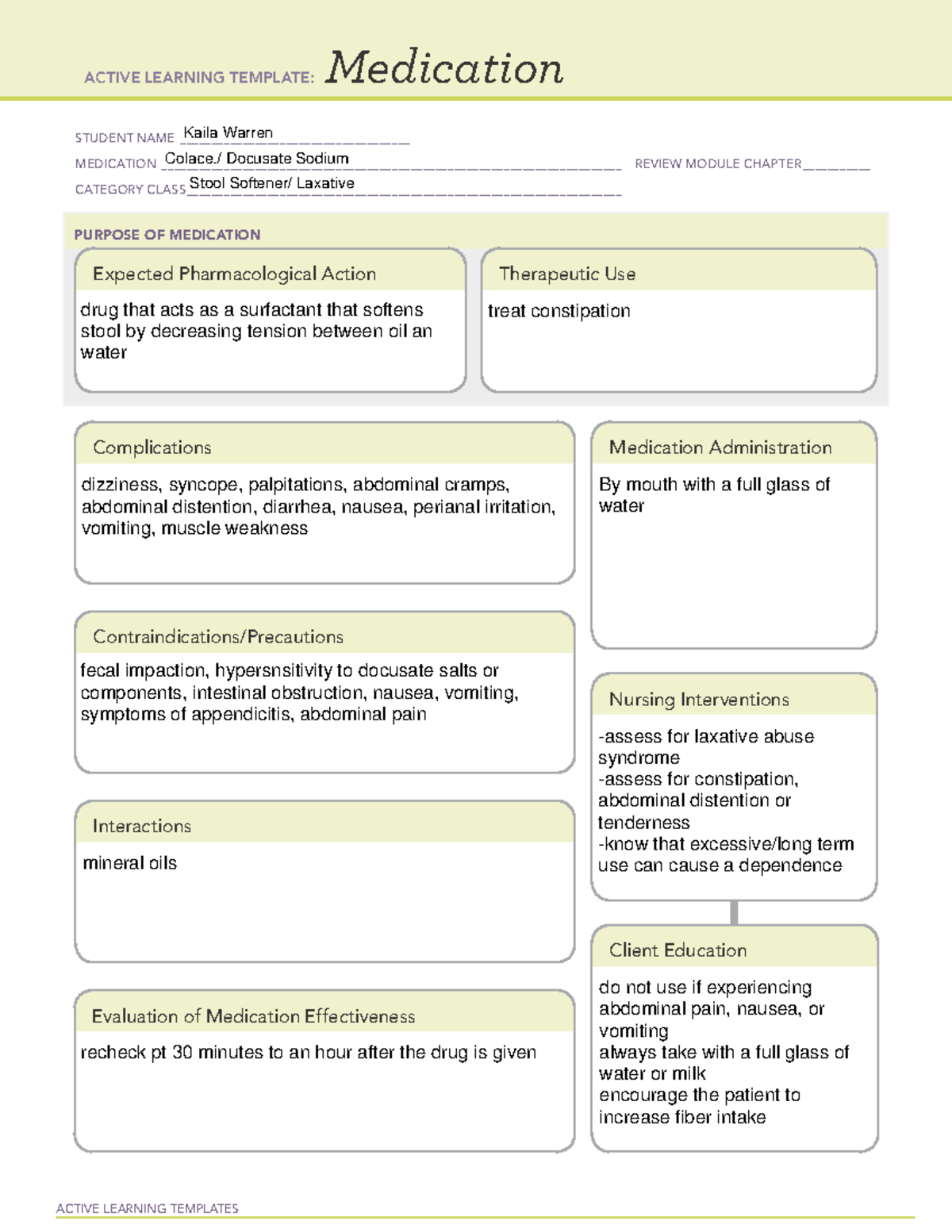 Colace drug card - drug card for OB - ACTIVE LEARNING TEMPLATES ...