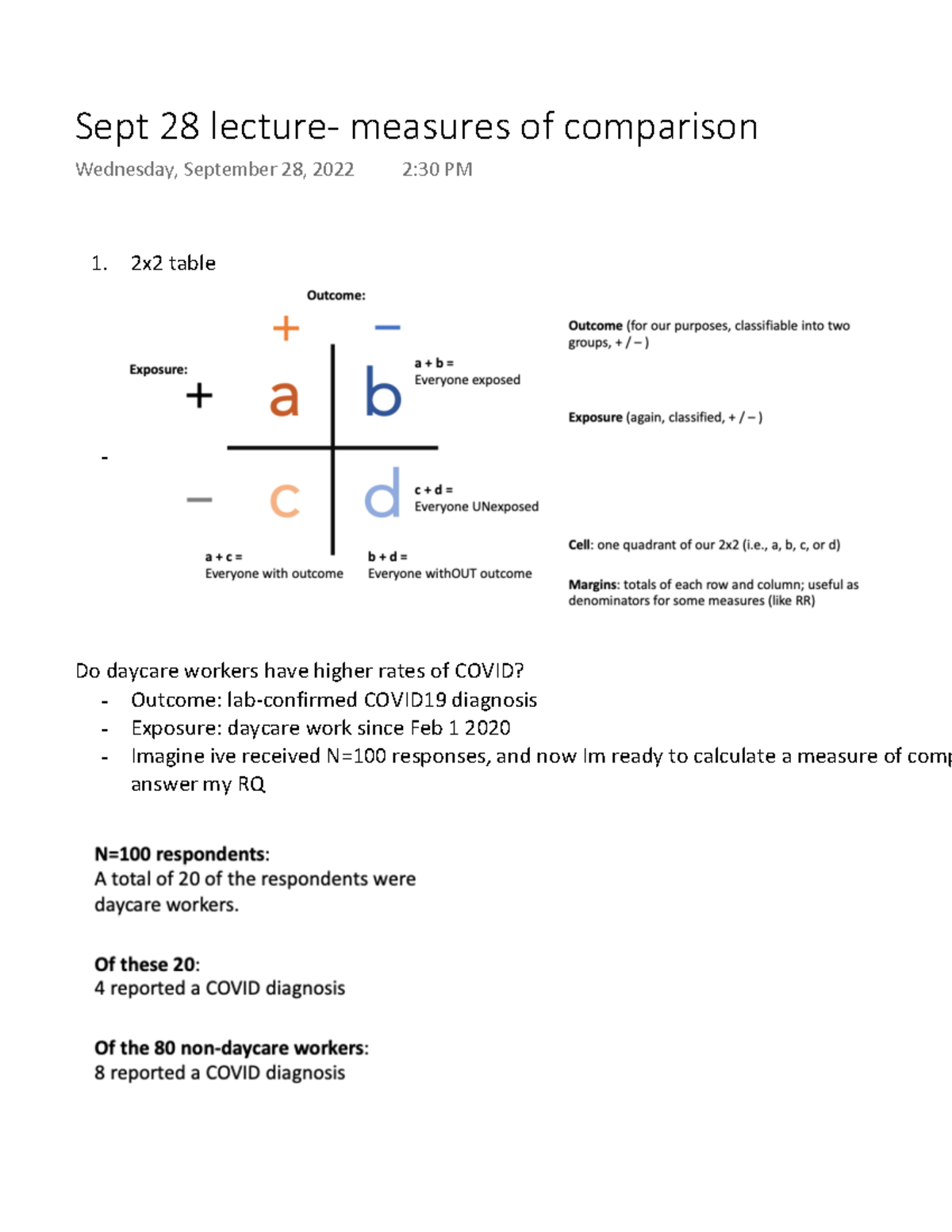 Sept 28 lecture- measures of comparison - 2x2 table - Do daycare ...