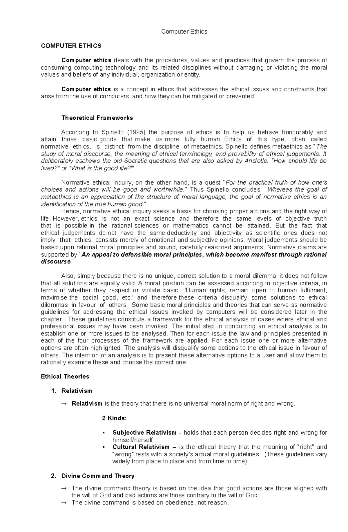 Computer Ethics Computer Ethics COMPUTER ETHICS Computer ethics deals with the procedures
