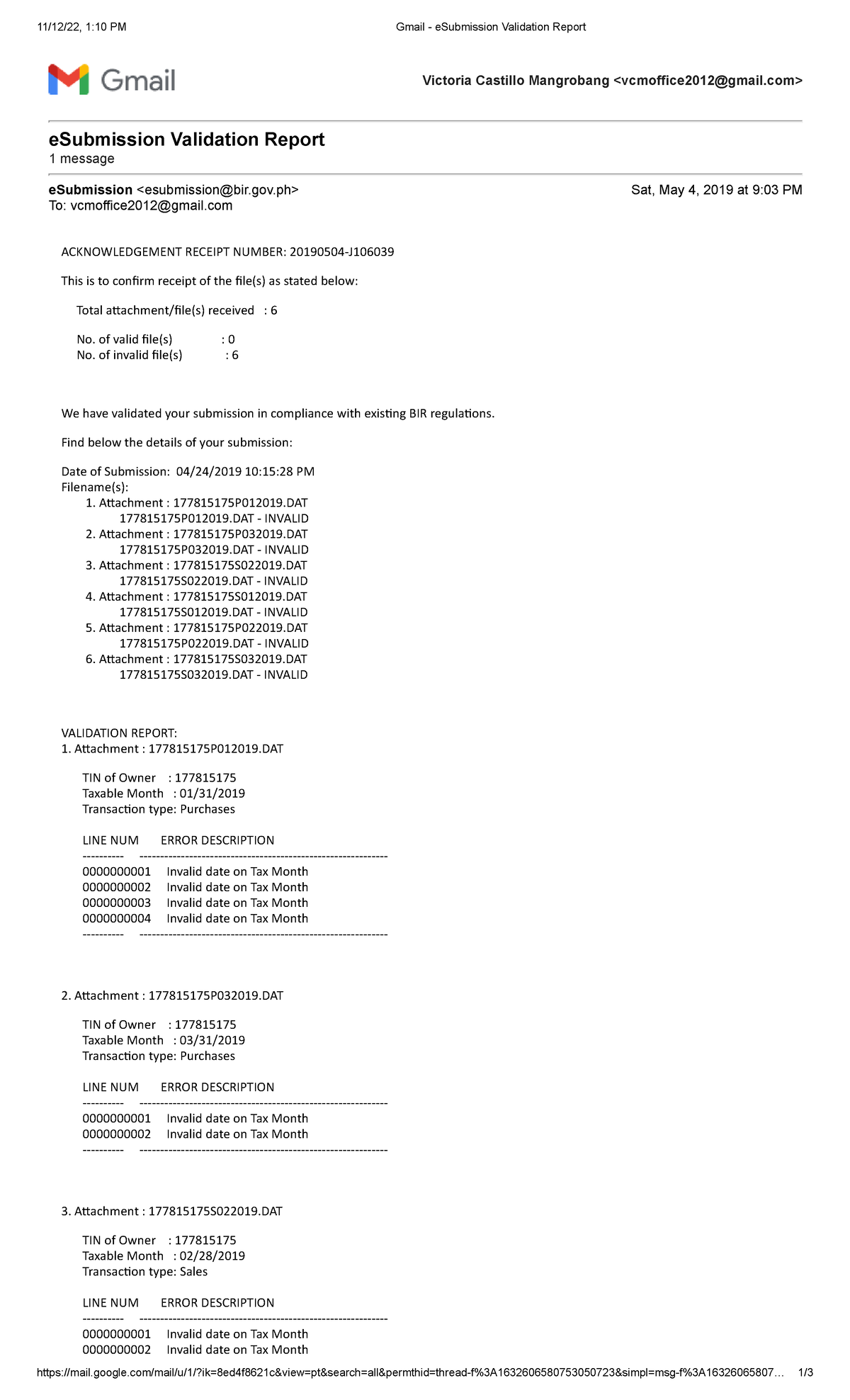 Gmail - E Submission Validation Report-naverra 1st Qtr 2019 - 11/12/22 ...