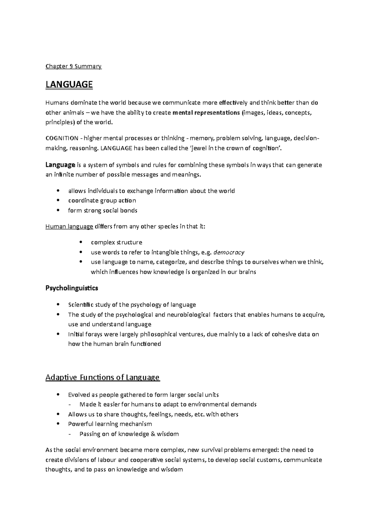 Pschology summary - Chapter 9 Language and Thinking - Chapter 9 Summary ...