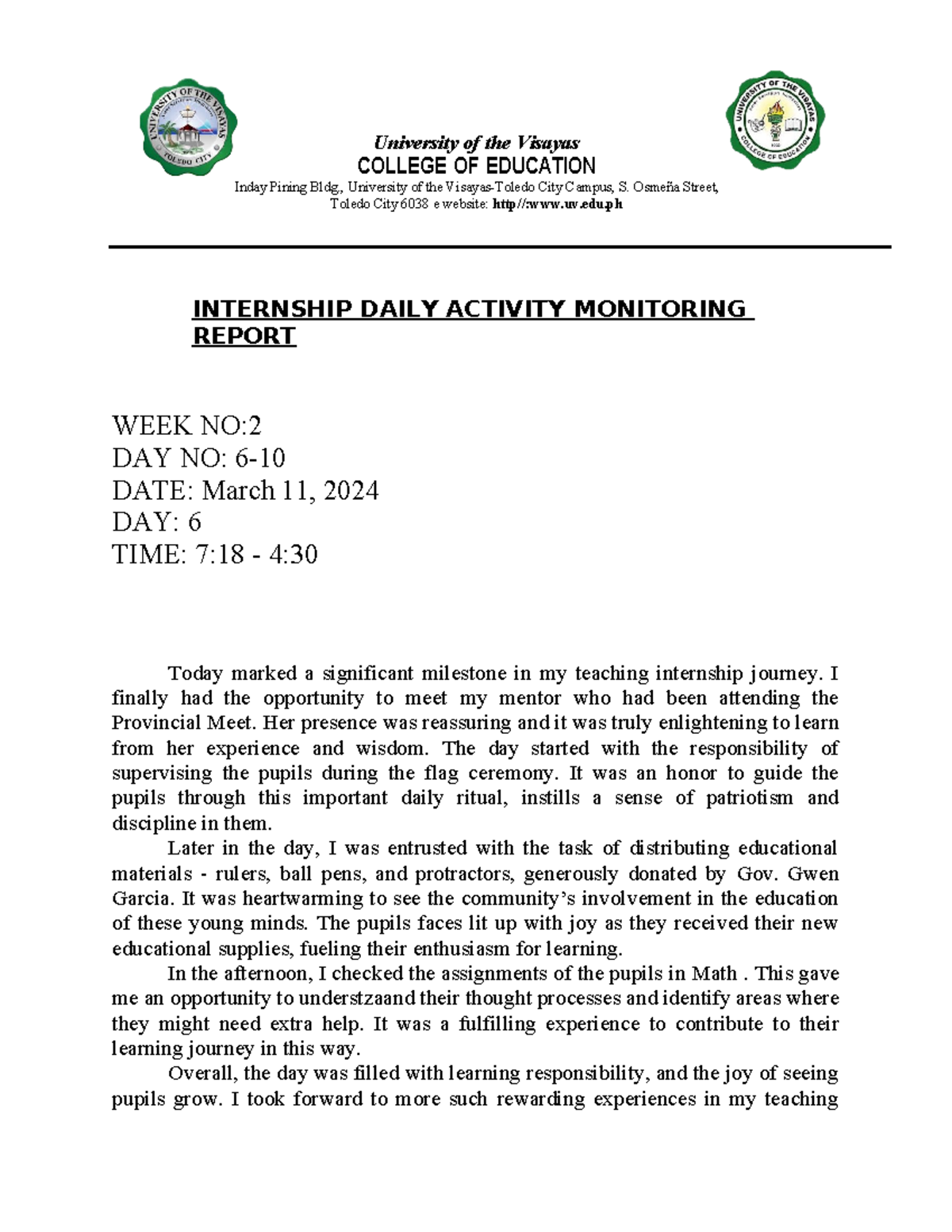 Daily-journal-1 - lecture - University of the Visayas COLLEGE OF ...