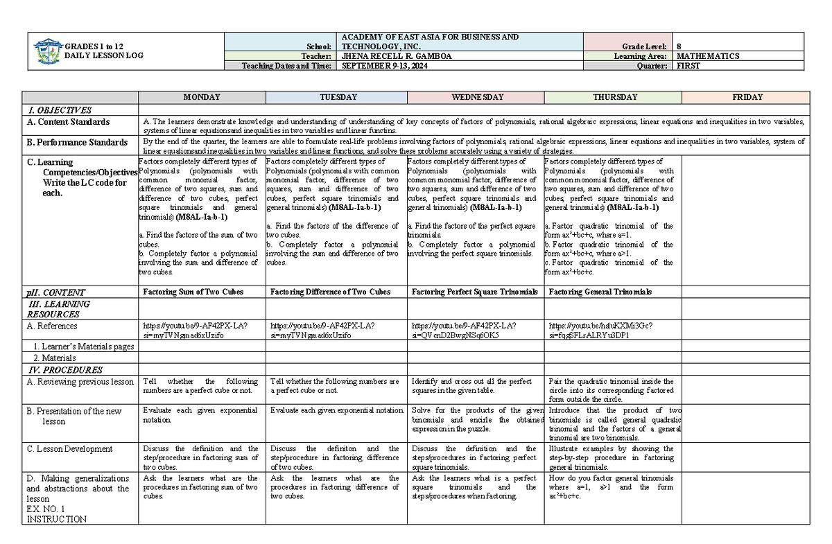 DLL GR8 Q1W4 MATH - Daily lesson log for grade 8 math quarter 1 week 4 ...