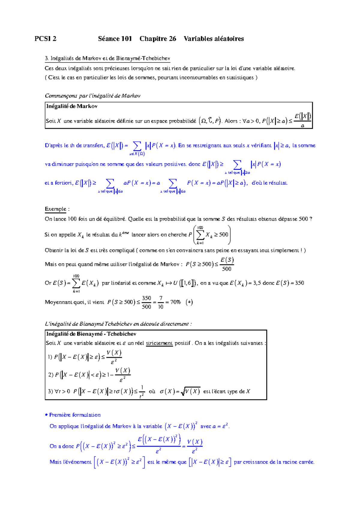 Variables aléatoires/Inégalité de BienayméTchebichev PCSI 2