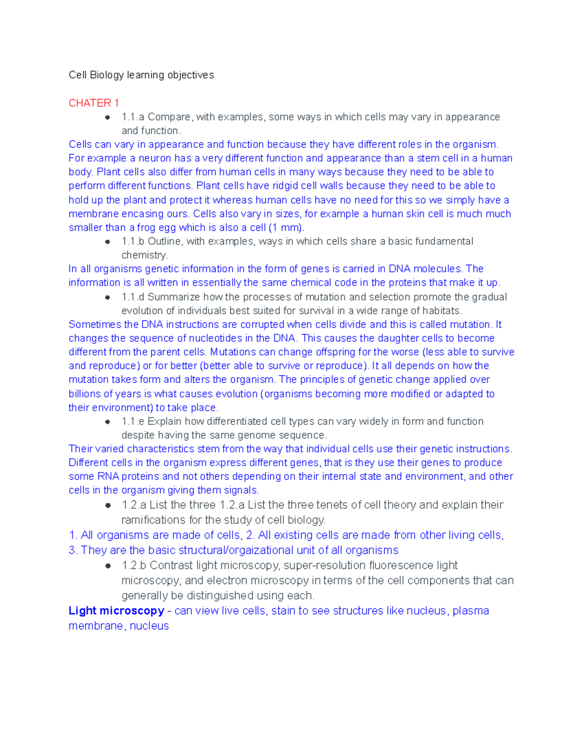 Cell Biology learning objectives 1 Compare, with examples, some ways