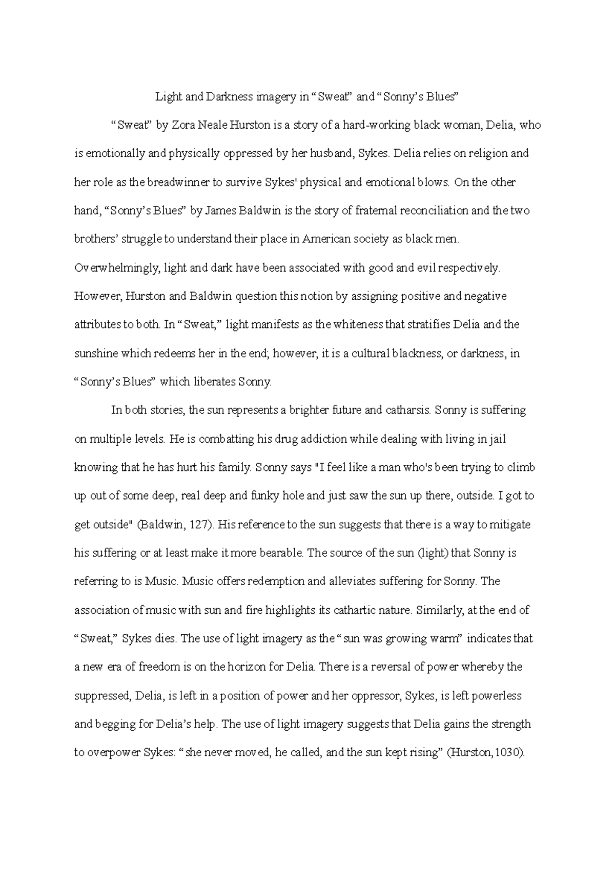 Sweat Hurston Grade A Light And Darkness Imagery In Sweat And Sonny S Blues Sweat By Zora Studocu