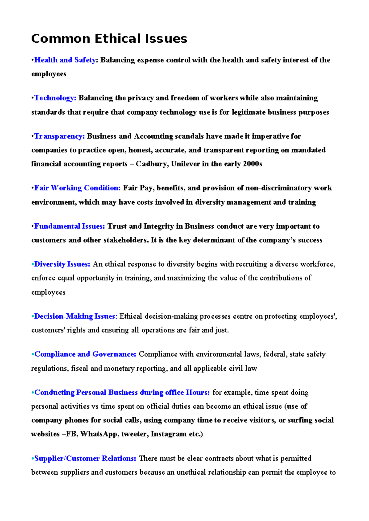 Common Ethical Issues - Common Ethical Issues Health and Safety ...