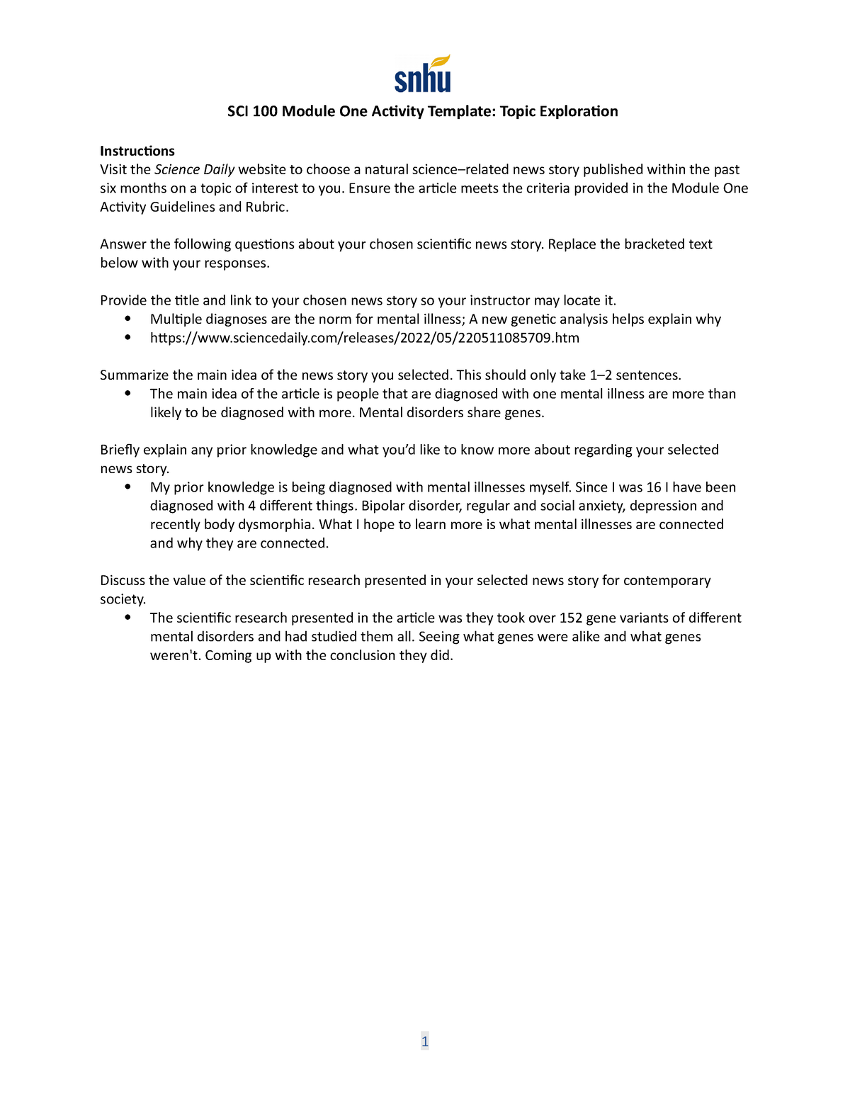 Sci 100 Module One Activity Template Ensure The Article Meets The Criteria Provided In The 6136