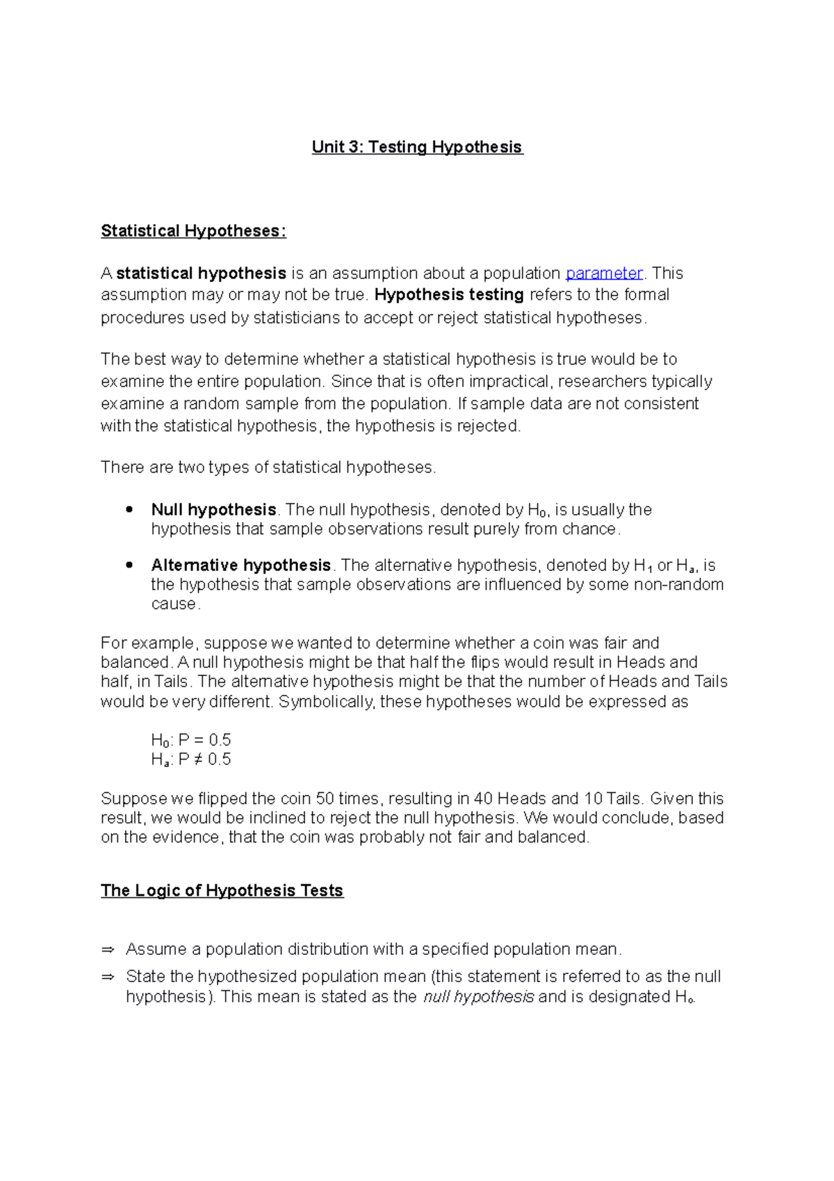 Testing of Hypothesis Unit 3 Testing Hypothesis Statistical