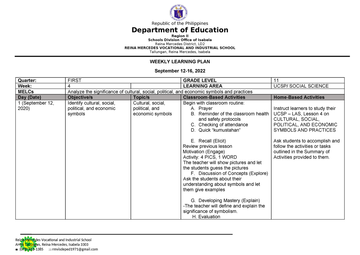 Wlp Q1w4 Ucsp Lesson Plan Department Of Education Region Ii Schools Division Office Of 