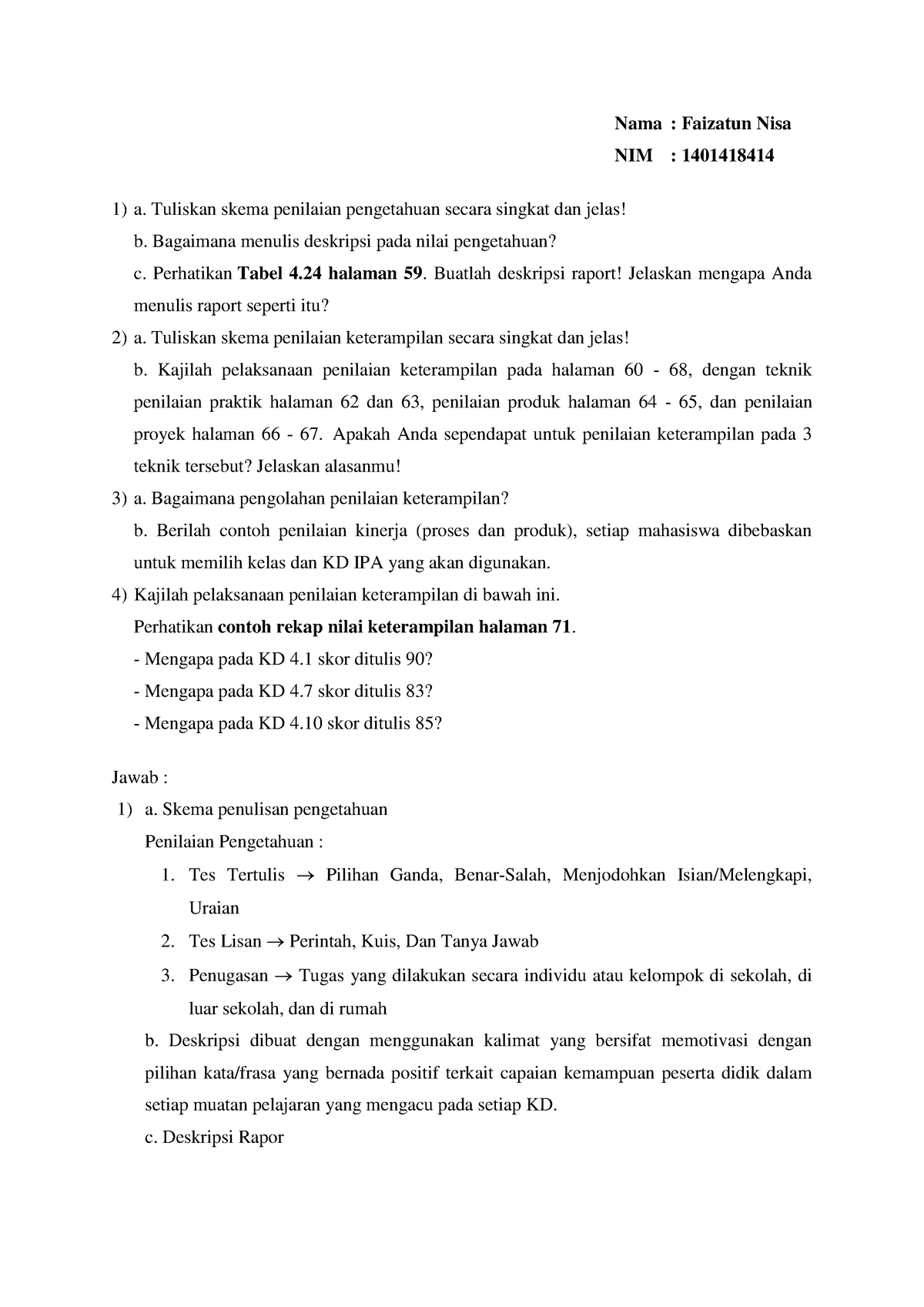 Penilaian Keterampilan Kelas 4 TEMA 2 Subtema 3 Pembelajaran 1 - Nama ...