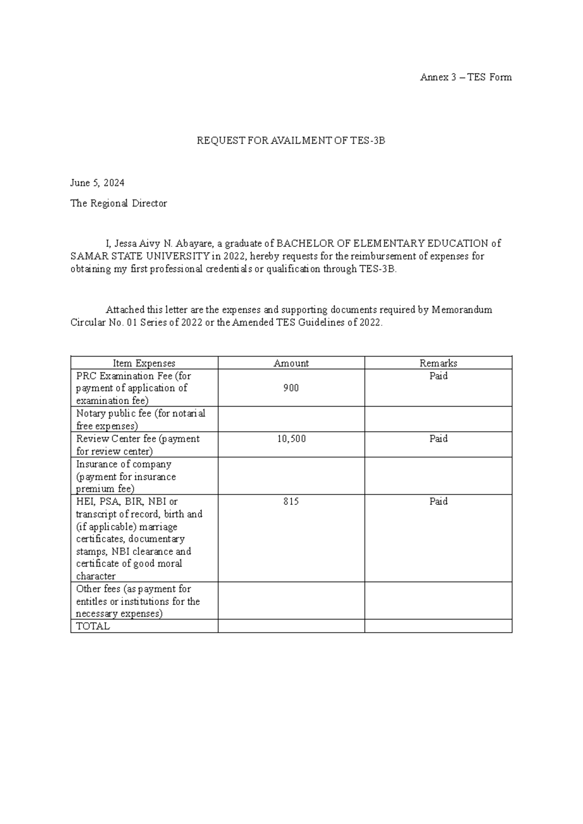 Annex 3 - Gshsv - Annex 3 – TES Form REQUEST FOR AVAILMENT OF TES-3B ...