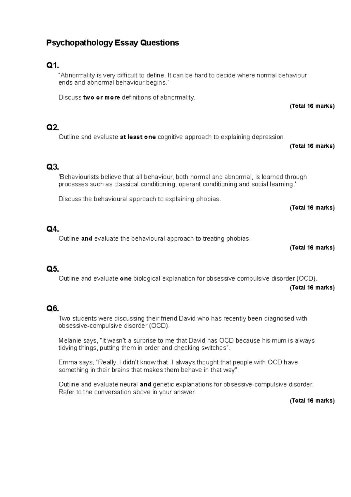 Psychopathology Essay Questions with MS Psychopathology Essay