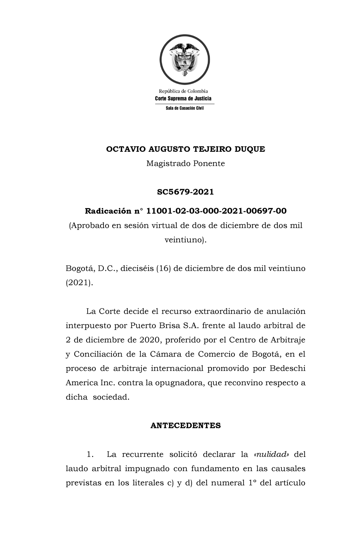 Sentencia No Sc Corte Suprema De Justicia Octavio Augusto Tejeiro