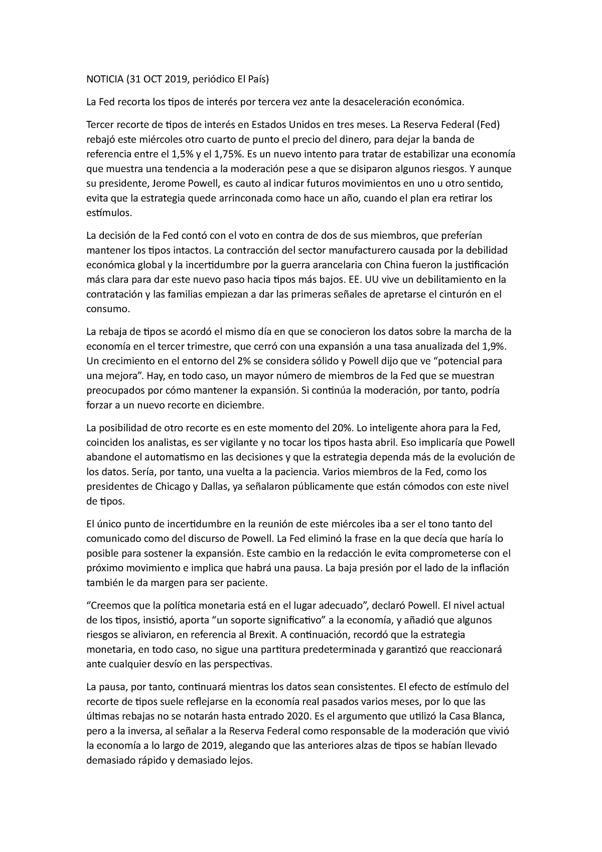 Noticia 3 - wecew - NOTICIA (31 OCT 2019, periódico El País) La Fed ...