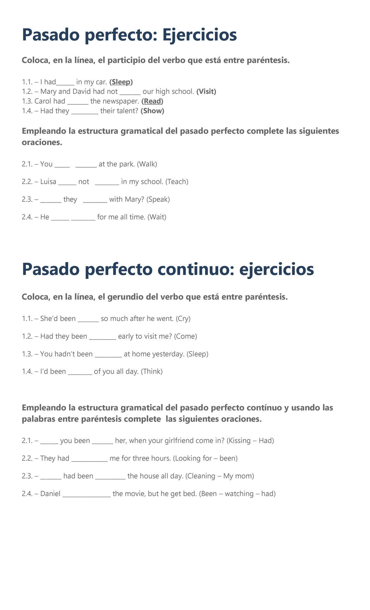examen del segundo parcial de ingles - Pasado perfecto: Ejercicios ...