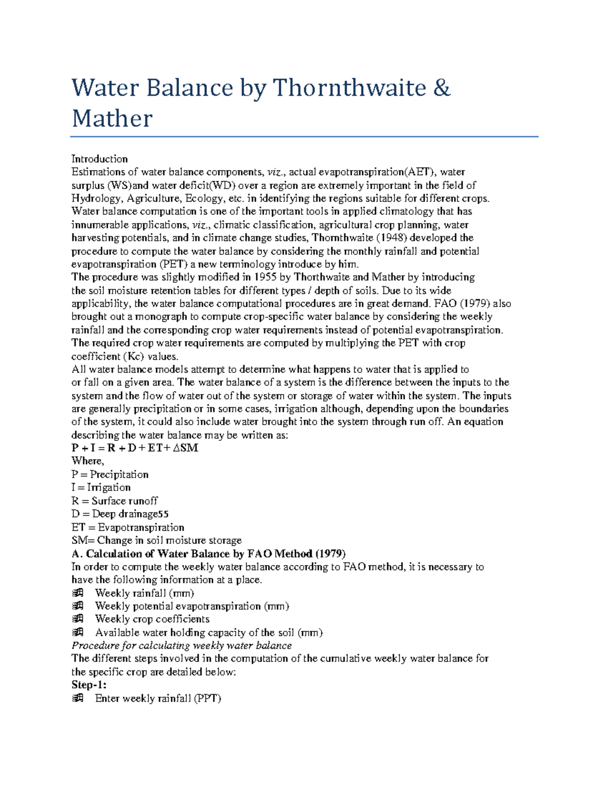 Water Balance by Thornthwaite , actual evapotranspiration(AET), water