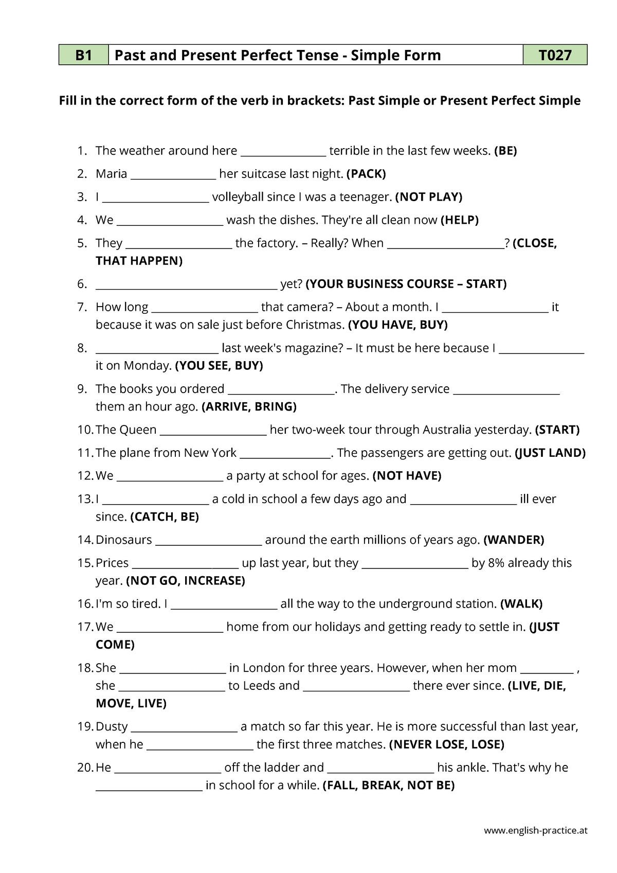 Past And Present Perfect Simple PDF Grammar Worksheet B1 T027 