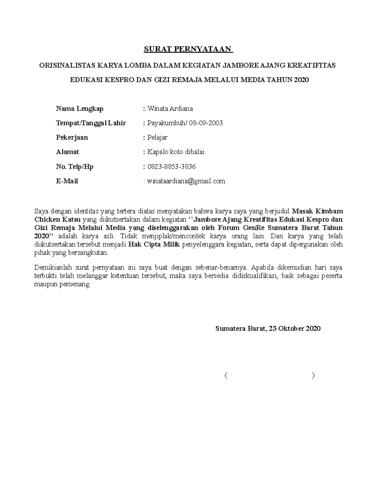 Surat Pernyataan masak - SURAT PERNYATAAN ORISINALISTAS KARYA LOMBA