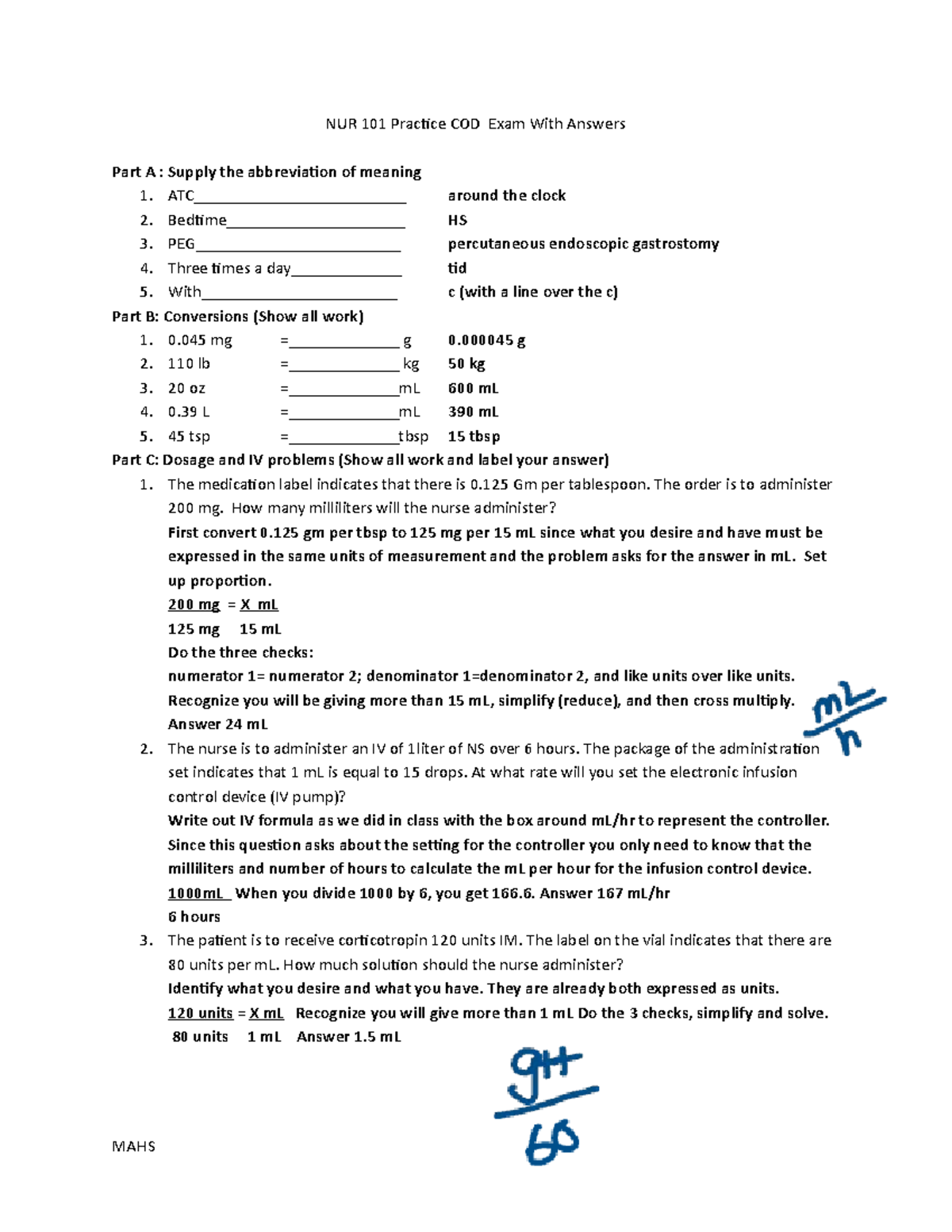 NUR 101 Practice COD Exam MAHS KEY Revised - NUR 101 Practice COD Exam ...