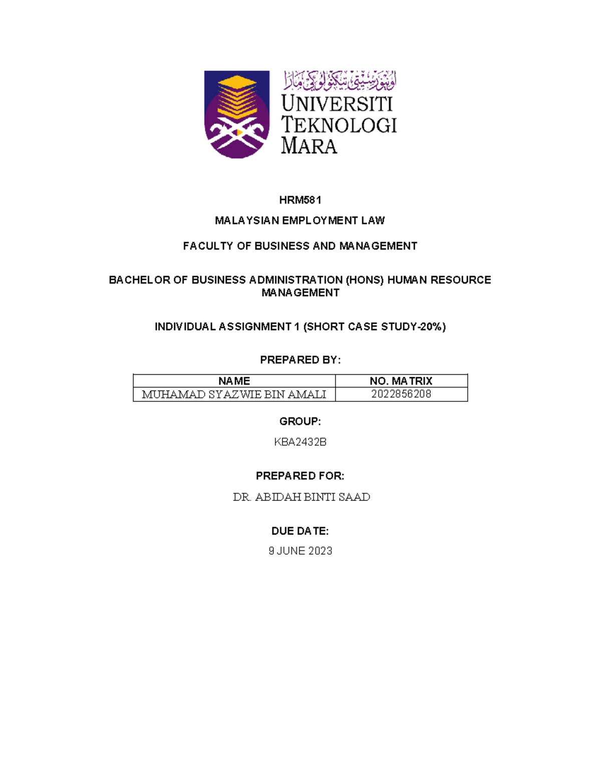 individual assignment hrm581