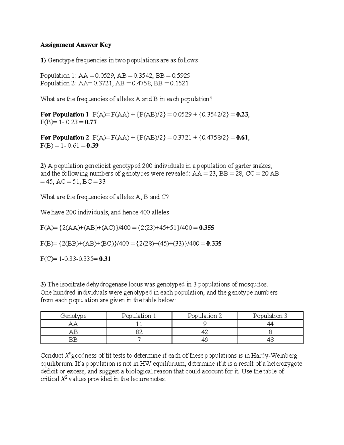 Population Genetics Worksheet Answers