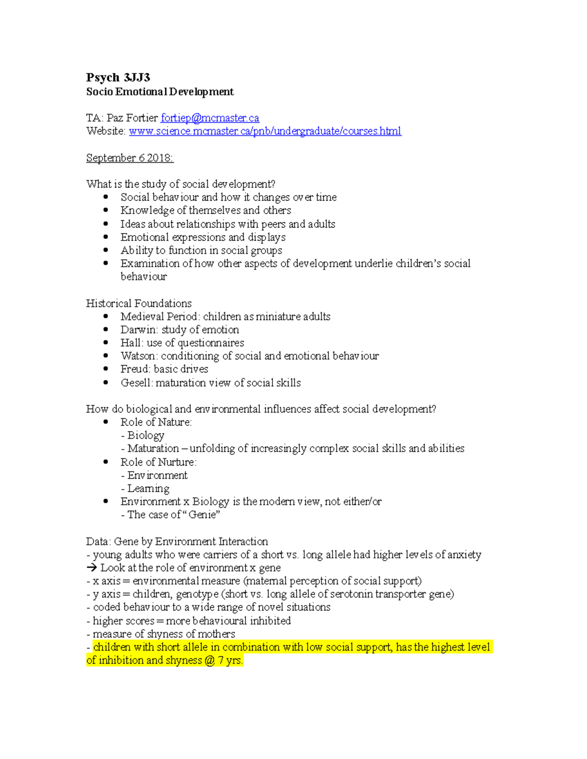 Psych 3JJ3 Class Notes - Psych 3JJ3 Socio Emotional Development TA: Paz ...