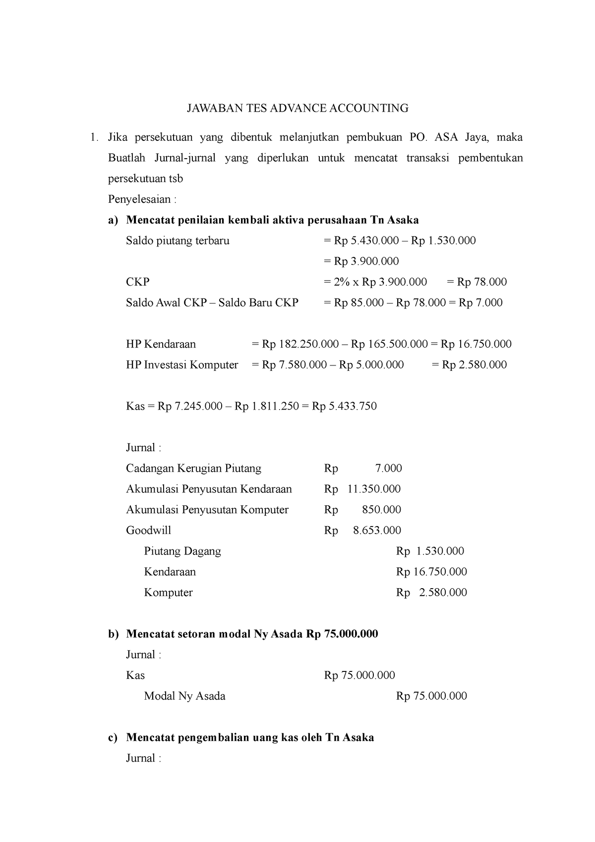 Jawaban Workshop Akuntansi Keuangan Lanjutan - JAWABAN TES ADVANCE ...