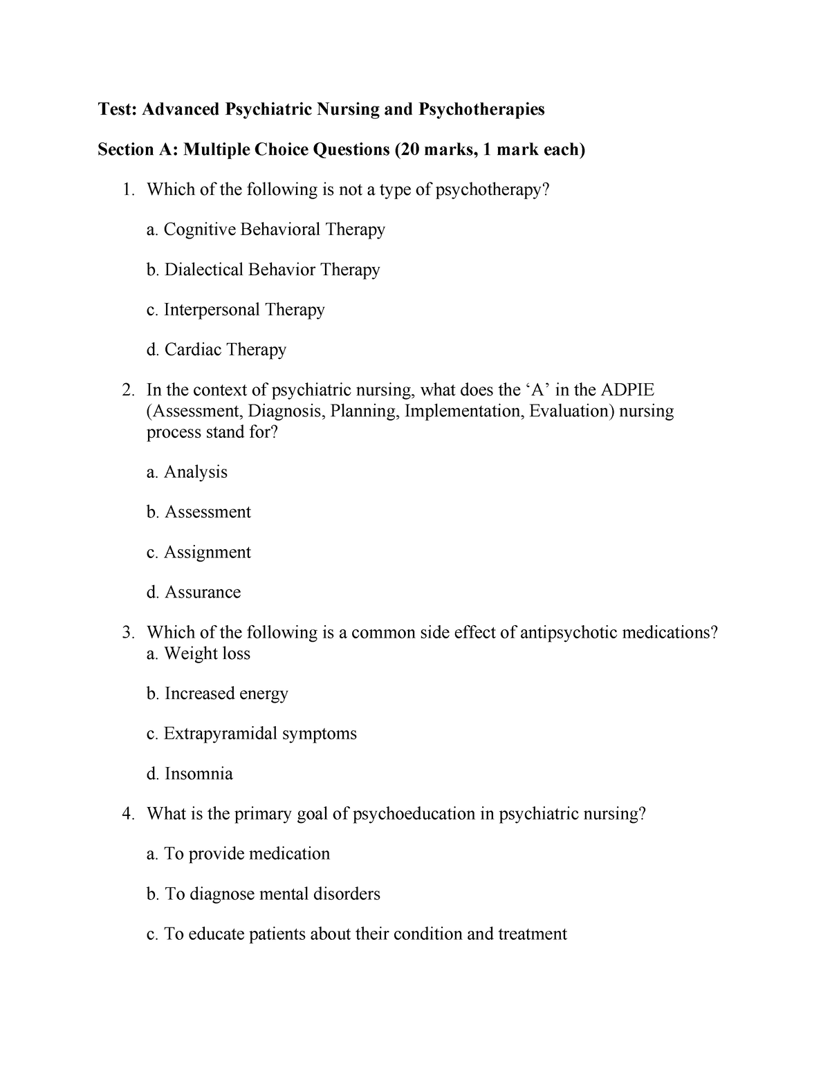 Test Section - Mental Health Nursing Practice Material - Test: Advanced ...