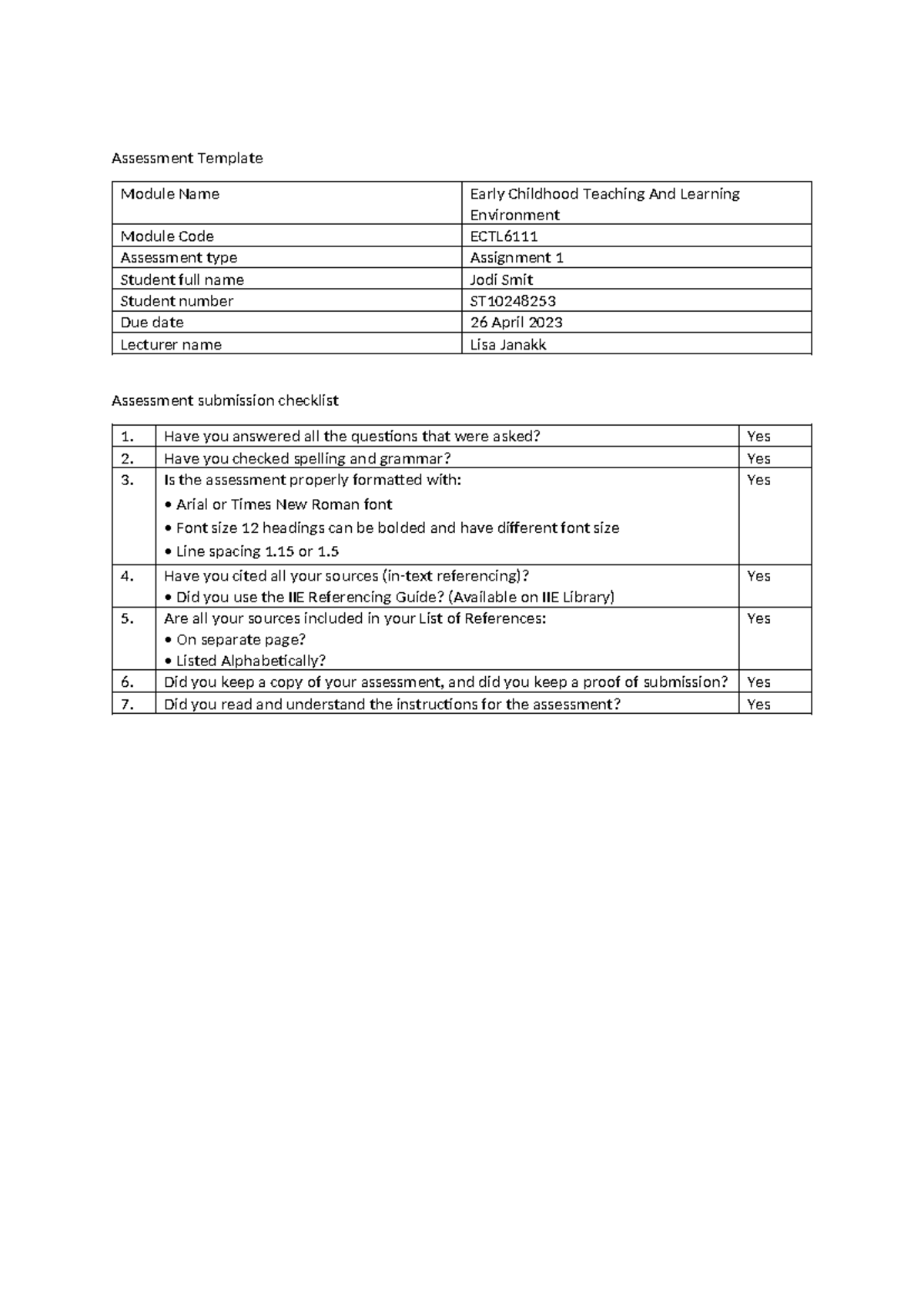 Assessment Template - Assessment Template Module Name Early Childhood ...