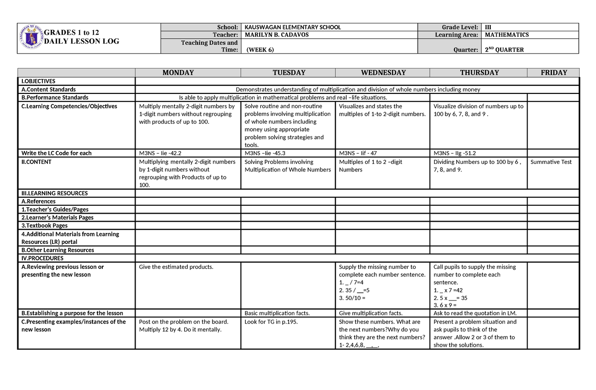 Dll mathematics 3 q2 w6 - for teachers use - GRADES 1 to 12 DAILY ...