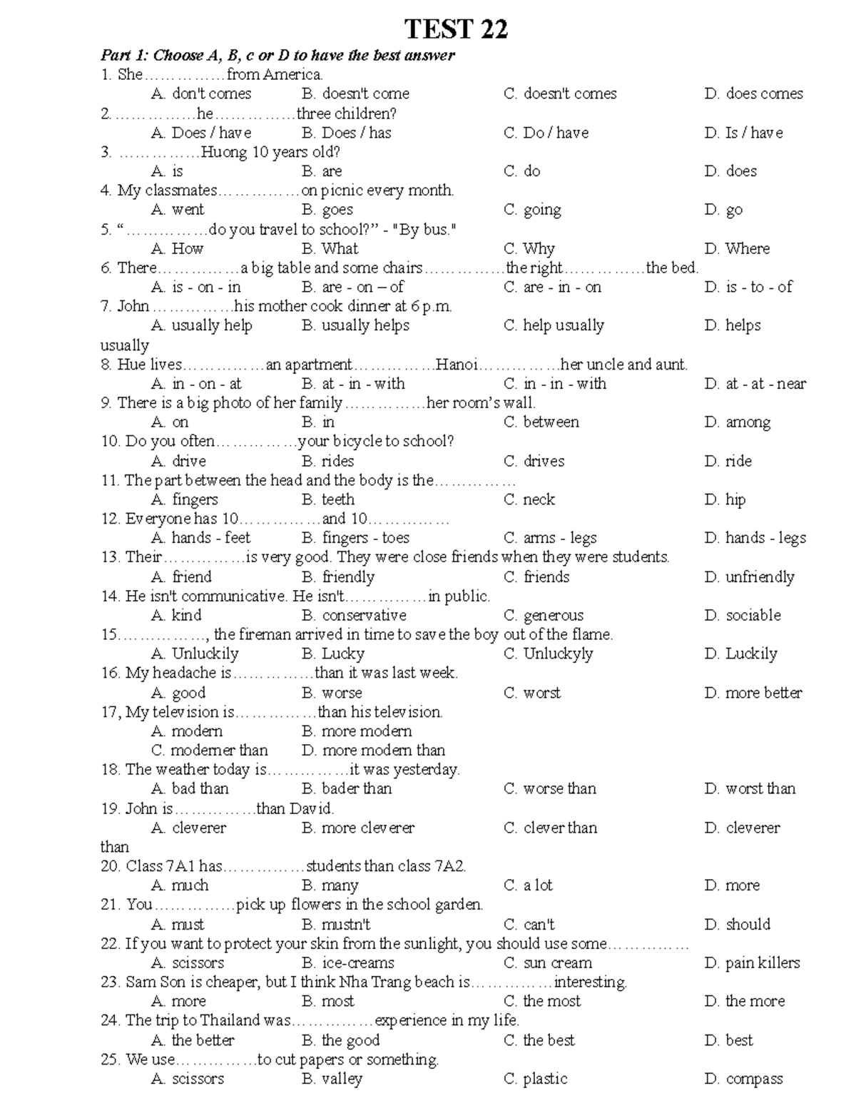 1646832560534 TEST 22 - excellent - TEST 22 Part 1: Choose A, B, c or D ...