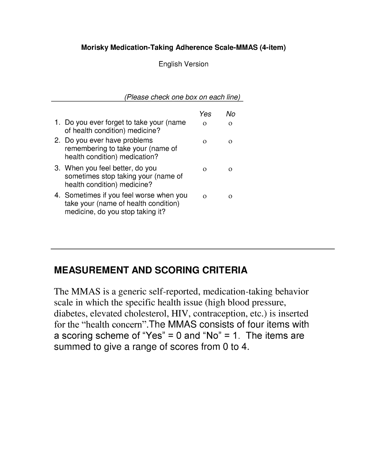 Morisky Medication-Taking Adherence Scale-MMAS (4-item) - ) is inserted ...