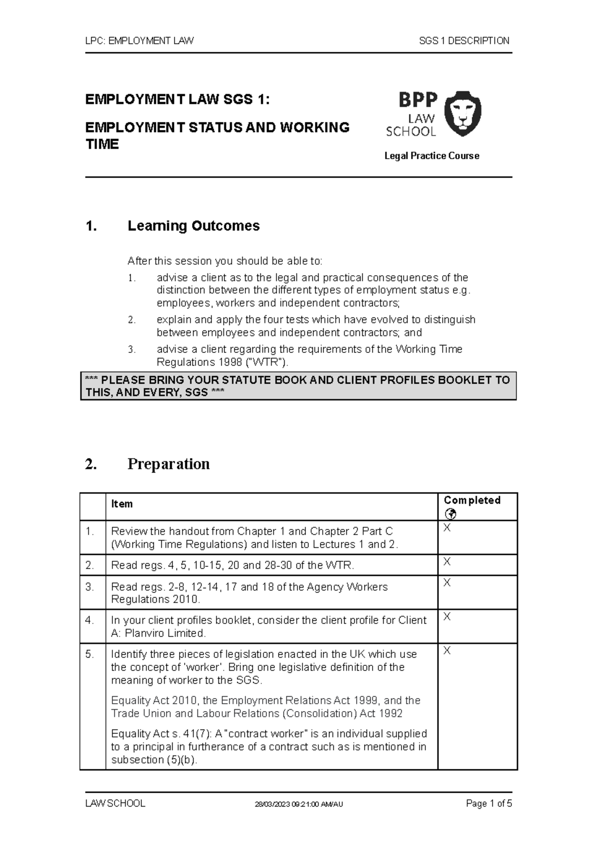 Tasks - LPC: EMPLOYMENT LAW SGS 1 DESCRIPTION EMPLOYMENT LAW SGS 1 ...