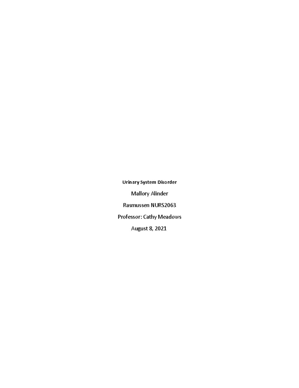 Module 5Writing Assignment - Urinary System Disorder Mallory Alinder ...