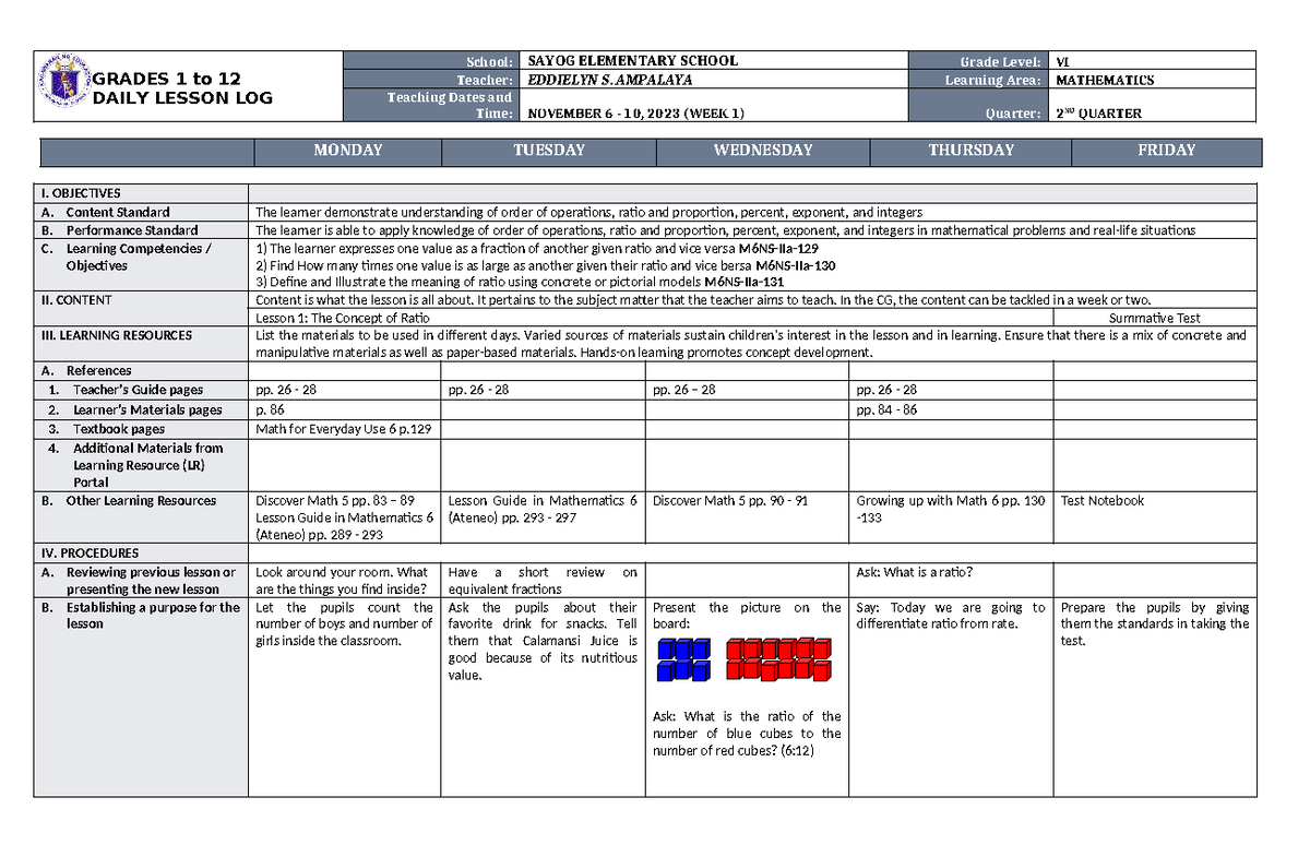 DLL MATH 6 Q2 W1 - sss - GRADES 1 to 12 DAILY LESSON LOG School: SAYOG ...