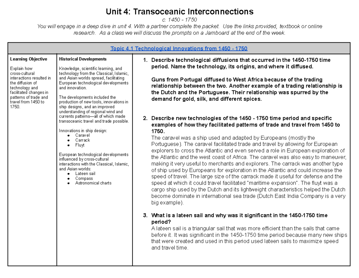 GH AP World History Unit 4 - Unit 4: Transoceanic Interconnections C ...