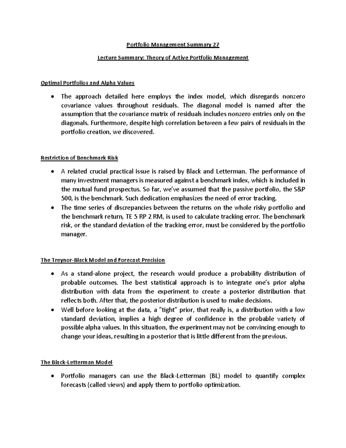 Portfolio Management Summary 27 Active Portfolio Theory Portfolio