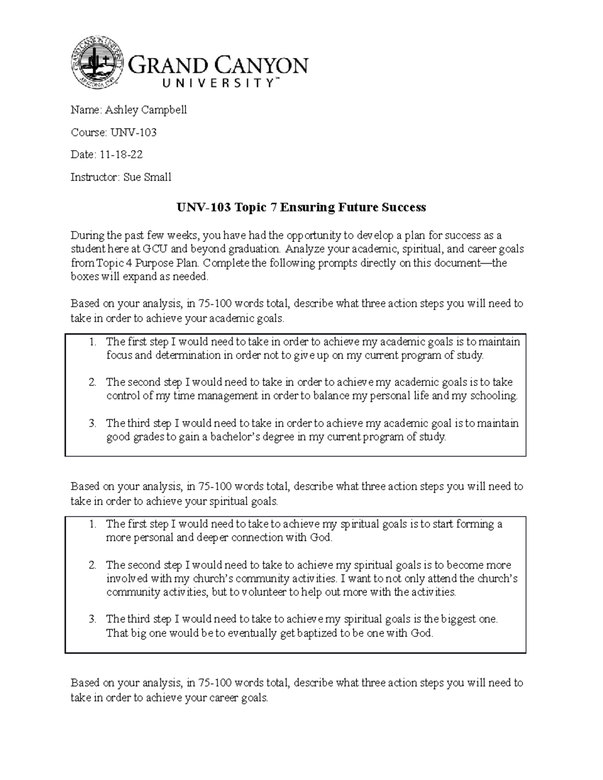 Unv 103 Week 7 Ensuring Future Success Reflection Name Ashley