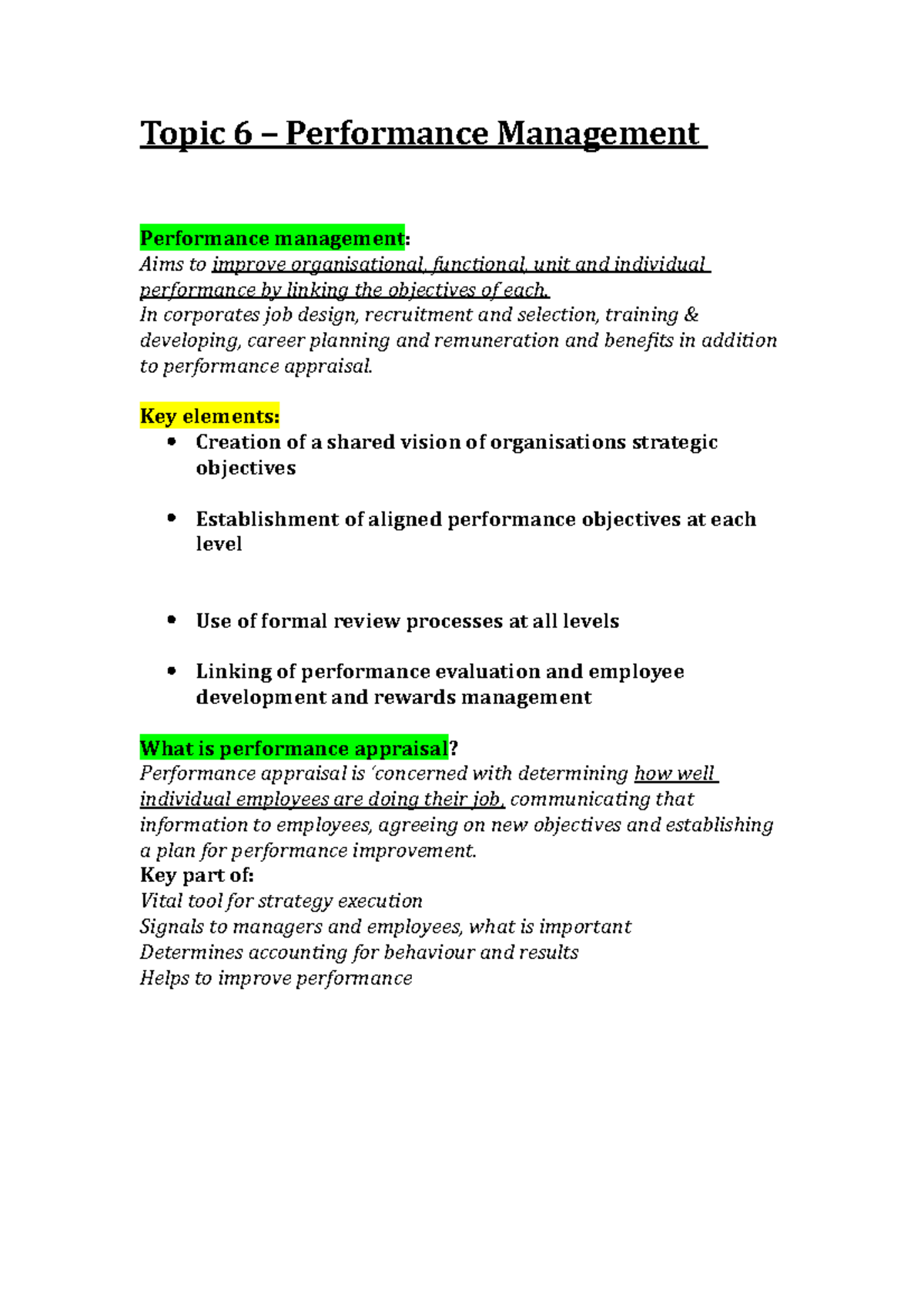 Summary - lecture 6-8, tutorial work 6-8 - Topic 6 Performance ...