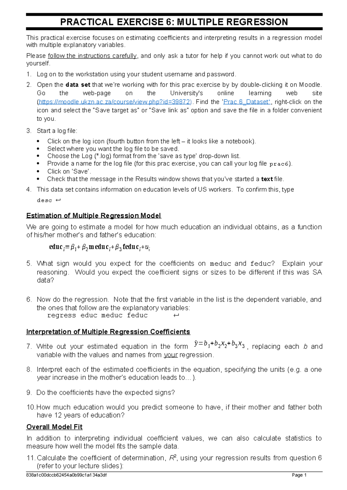 Prac 6-multiple regression estimation - PRACTICAL EXERCISE 6: MULTIPLE ...