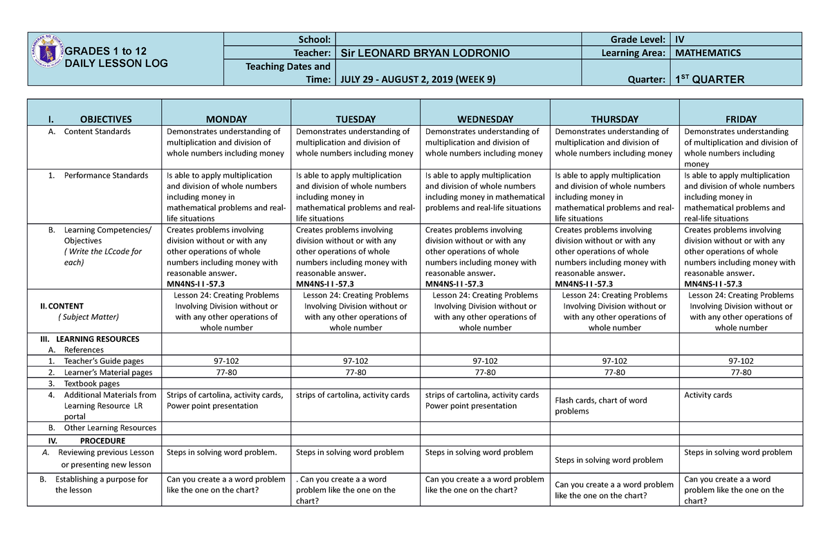 Mathematics 4 Q1 W9 DLL - GRADES 1 to 12 DAILY LESSON LOG School: Grade ...