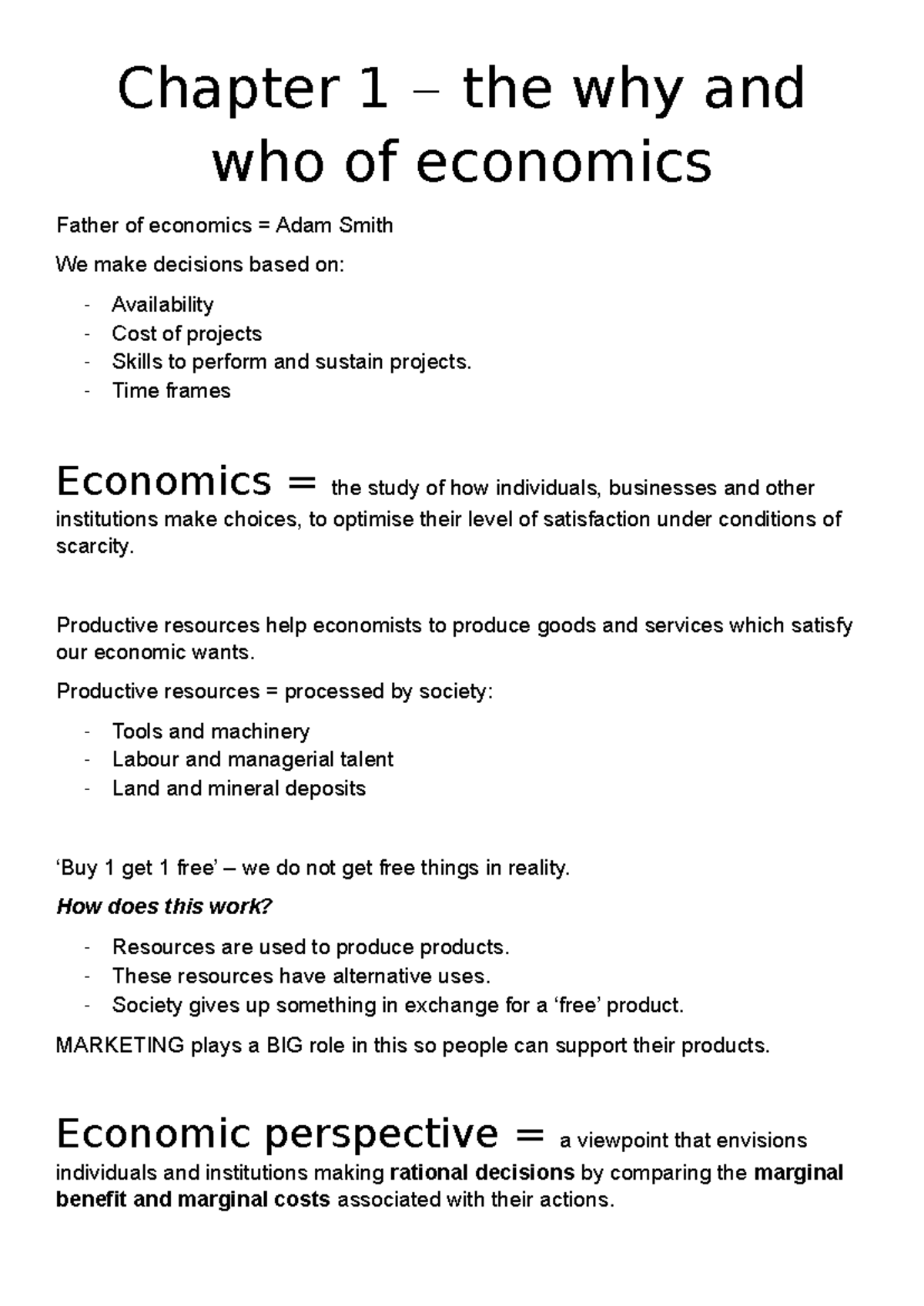 Summary - Chapter 1 – the why and who of economics Father of economics ...