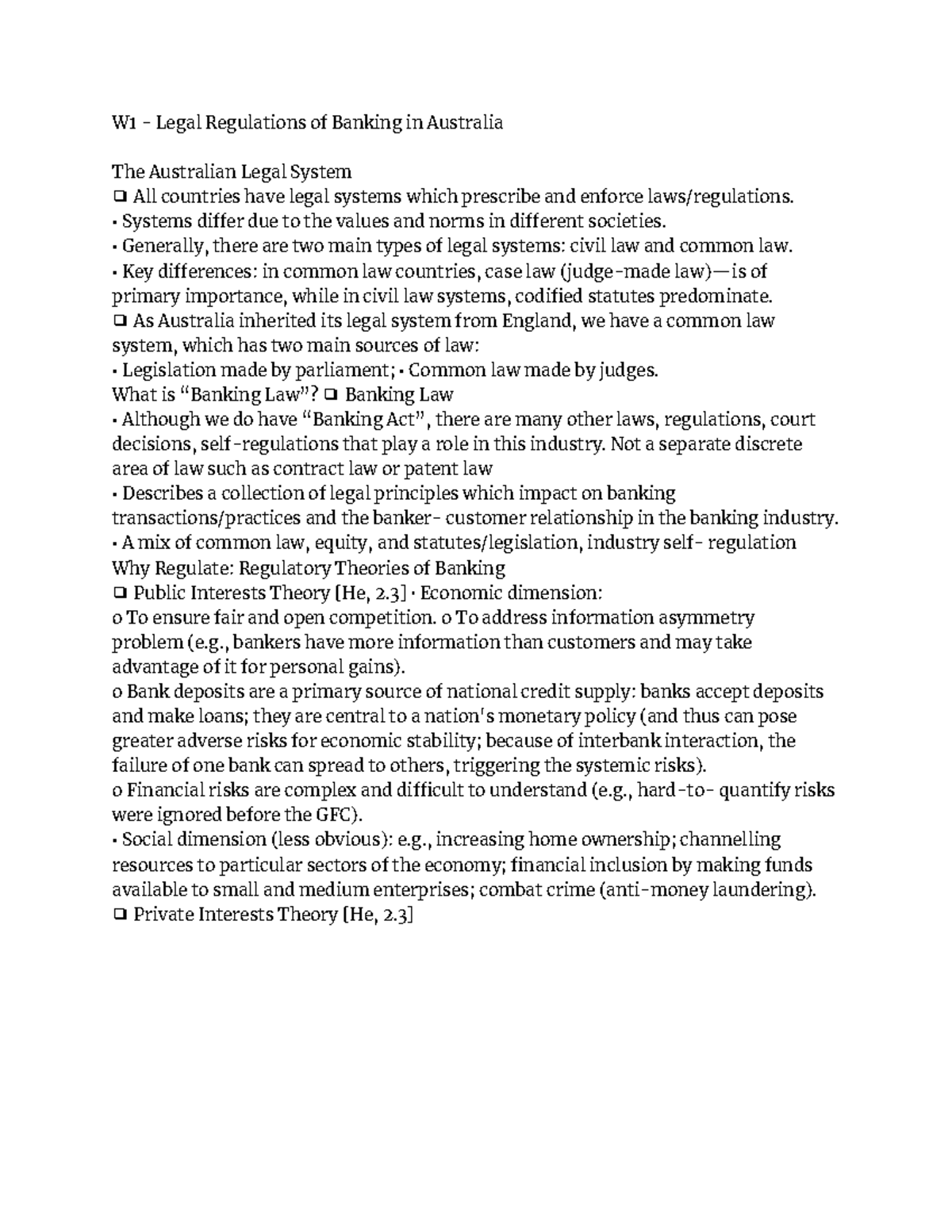 week 1 notes bank - W1 - Legal Regulations of Banking in Australia The ...